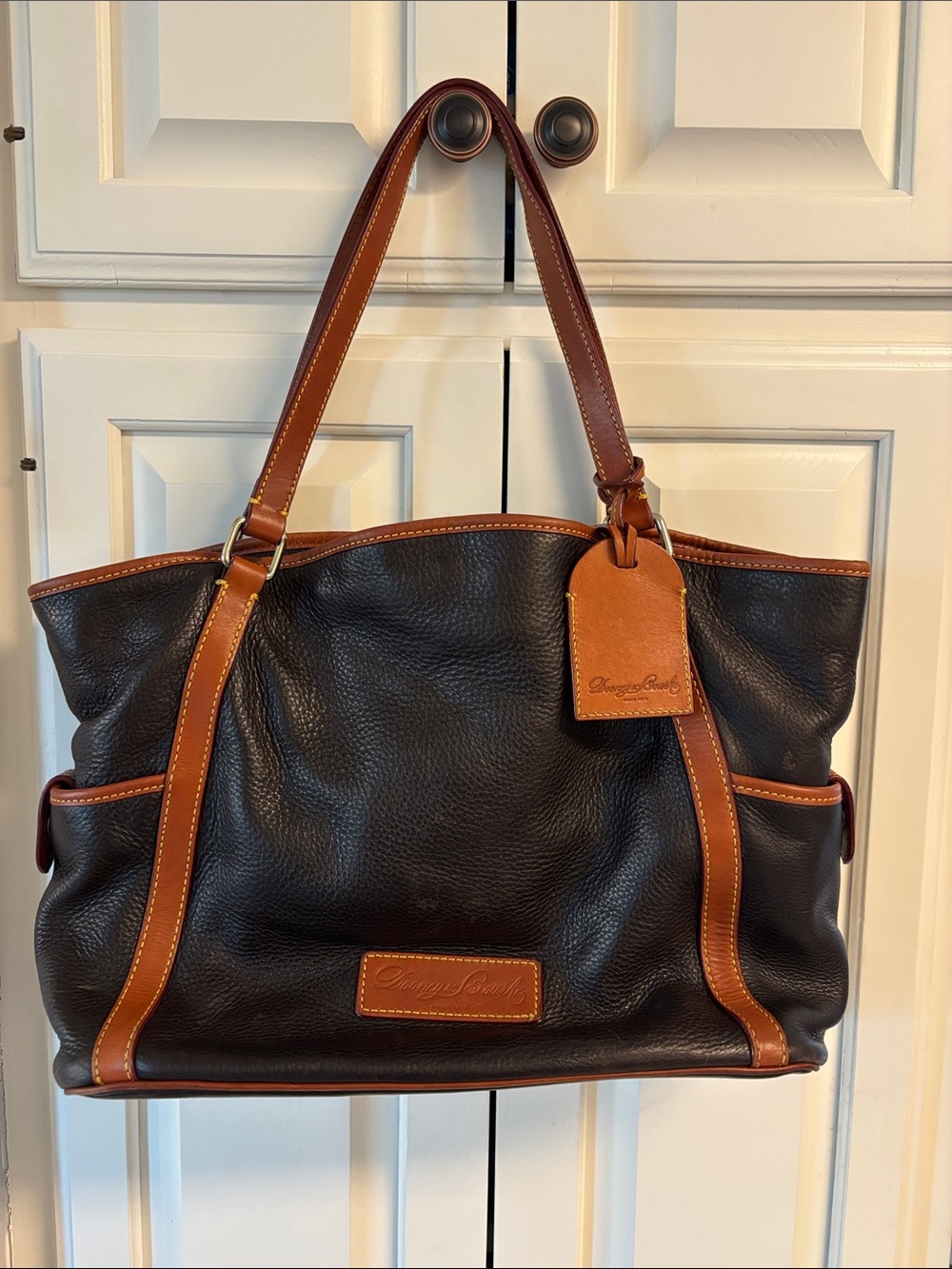 Dooney & Bourke Black Leather Shoulder Tote with Brown Trim
